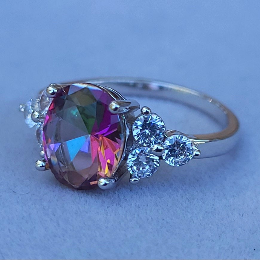 Oval Mystic Topaz Sterling Silver Plated Ladies Ring- Sizes 6 or 7