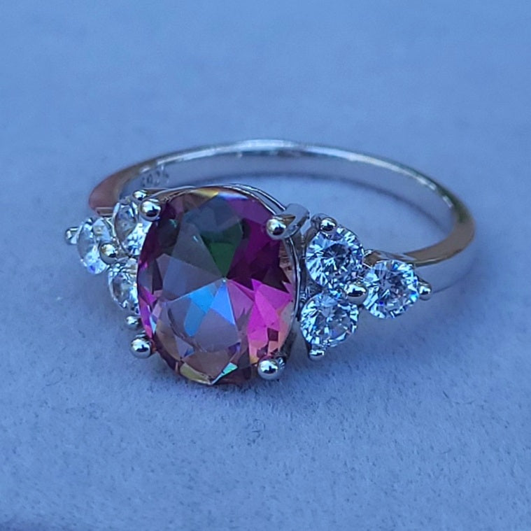 Oval Mystic Topaz Sterling Silver Plated Ladies Ring- Sizes 6 or 7