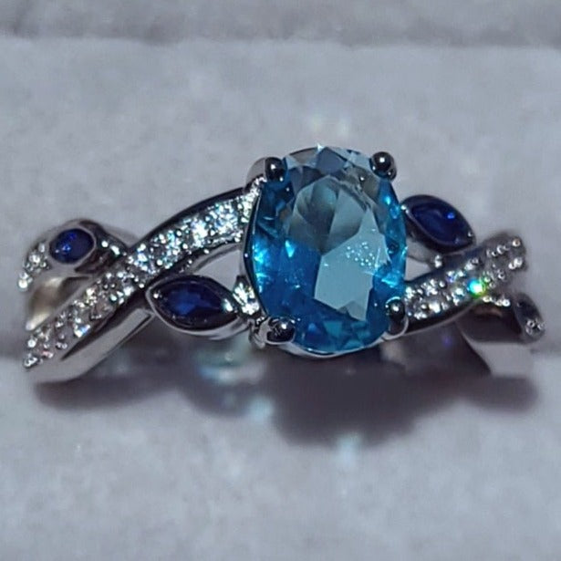 Bright Blue Oval Sapphire Leaf Style Sterling Silver Plated Ladies Ring- Sizes 6, 7, 8, 9