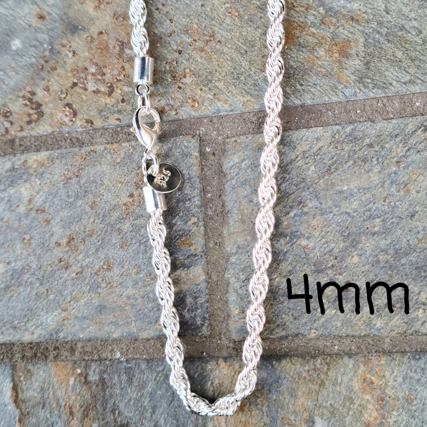 Sterling Silver Plated .925 Rope Chain with Lobster Claw, in 2mm or 4mm and 16" 18" 20" 22" 24"