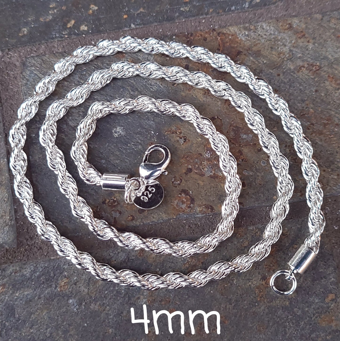 Sterling Silver Plated .925 Rope Chain with Lobster Claw, in 2mm or 4mm and 16" 18" 20" 22" 24"