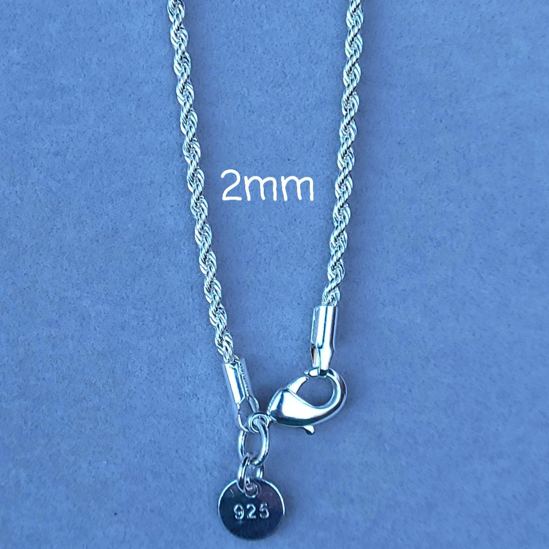 Sterling Silver Plated .925 Rope Chain with Lobster Claw, in 2mm or 4mm and 16" 18" 20" 22" 24"