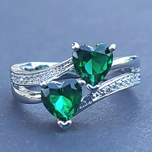 Double Emerald Green Sapphire Heart Silver Ladies Ring- Sizes 6, 7, 8