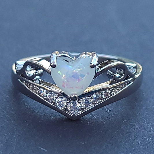 White Opal Heart Crown Sterling Silver Plated Ladies Ring- Sizes 5.5, 5.75, 6.25, 6.75, 7.75, 8, 8.25, 8.5, 8.75