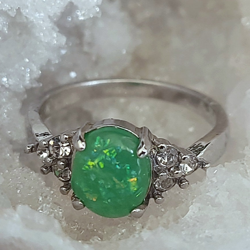 Green Opal Oval Sterling Silver Plated Ladies Ring- Sizes 6.25, 7, 9, 9.5