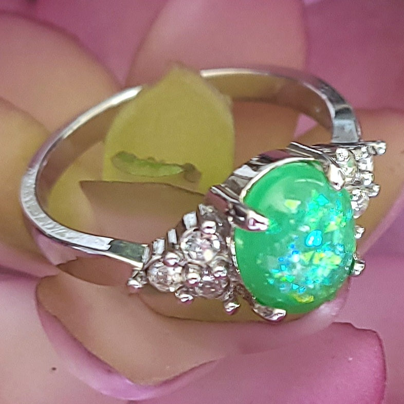 Green Opal Oval Sterling Silver Plated Ladies Ring- Sizes 6.25, 7, 9, 9.5