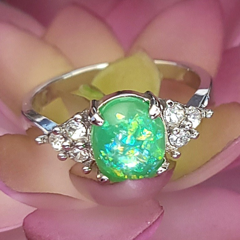 Green Opal Oval Sterling Silver Plated Ladies Ring- Sizes 6.25, 7, 9, 9.5