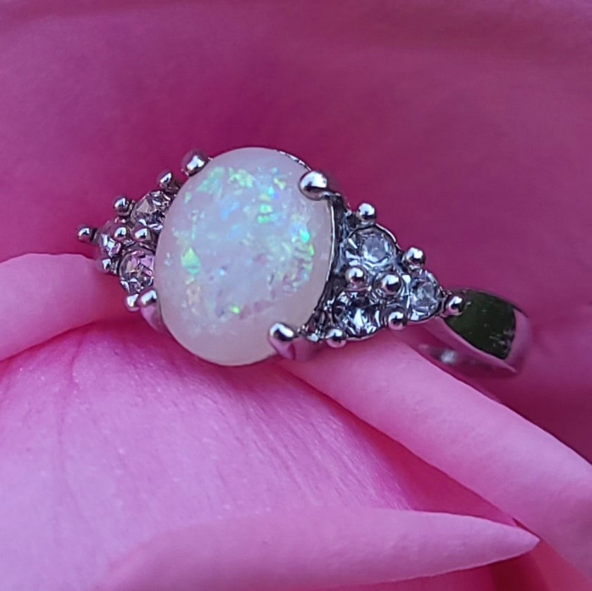 White Opal Oval Sapphire Sterling Silver Plated Ladies Ring- Sizes 7, 8, 9