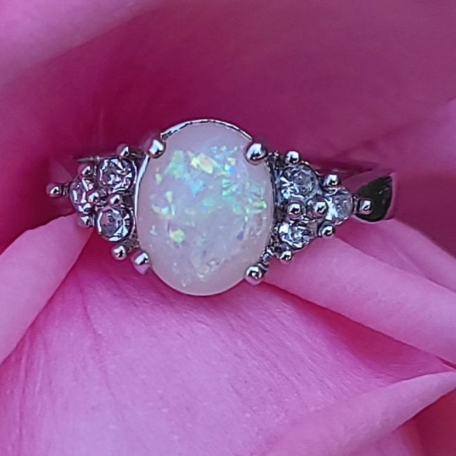 White Opal Oval Sapphire Sterling Silver Plated Ladies Ring- Sizes 7, 8, 9