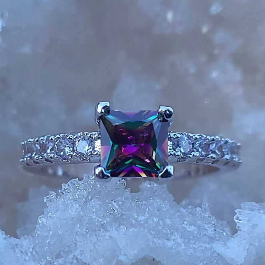 Square Mystic Topaz Sterling Silver Plated Ladies Ring- Sizes 6, 6.75, 8, 8.75, 9, 9.5