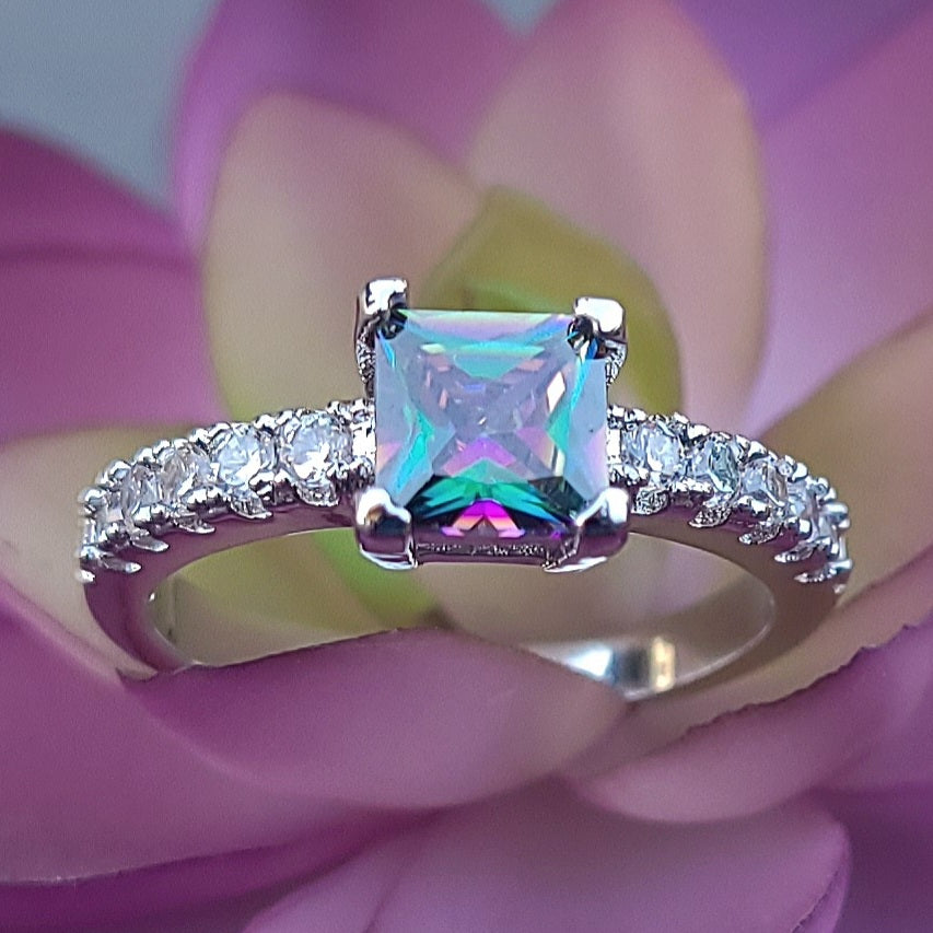 Square Mystic Topaz Sterling Silver Plated Ladies Ring- Sizes 6, 6.75, 8, 8.75, 9, 9.5