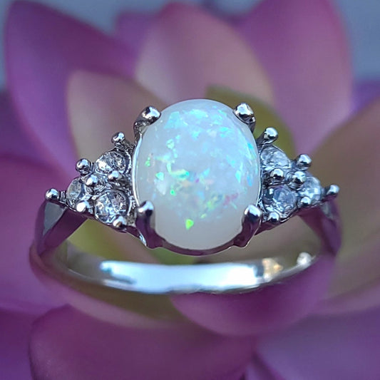 White Opal Oval Sapphire Sterling Silver Plated Ladies Ring- Sizes 7, 8, 9