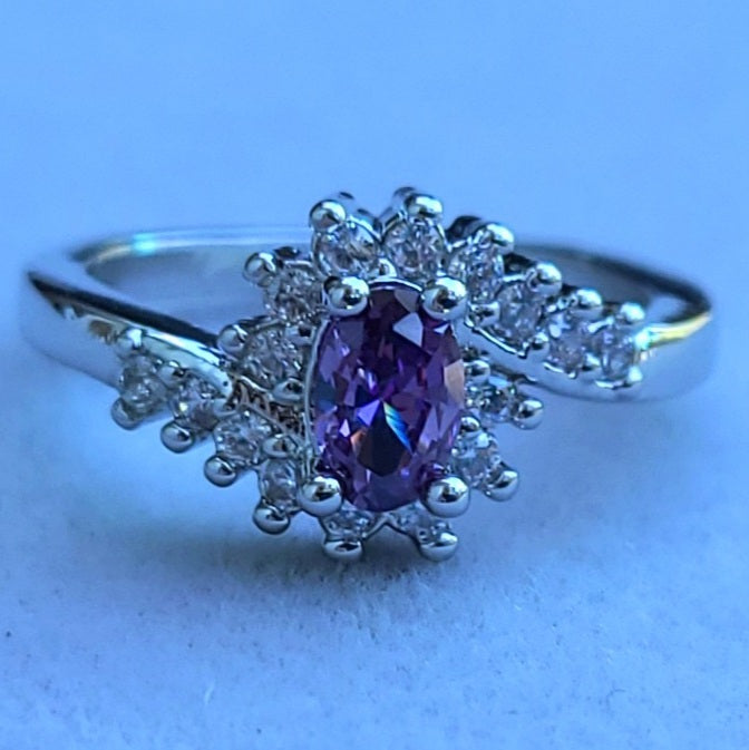 Purple Oval Amethyst and Swirly Sapphires Sterling Silver Plated Ladies Ring- Sizes 6, 7.25, 9