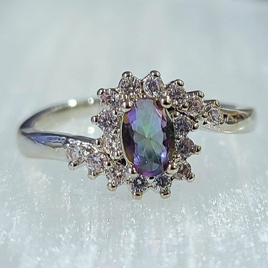 Oval Mystic Topaz with Swirly Sapphires Sterling Silver Plated Ladies Ring- Sizes 6, 7, 8, 9