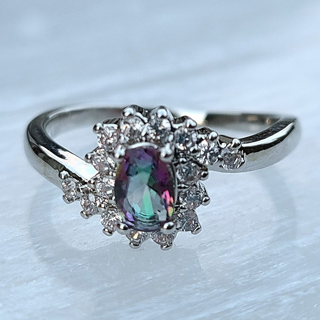 Oval Mystic Topaz with Swirly Sapphires Sterling Silver Plated Ladies Ring- Sizes 6, 7, 8, 9