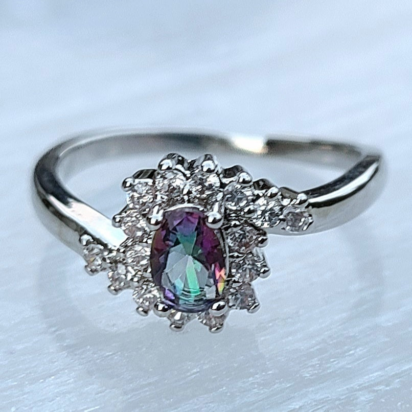 Oval Mystic Topaz with Swirly Sapphires Sterling Silver Plated Ladies Ring- Sizes 6, 7, 8, 9