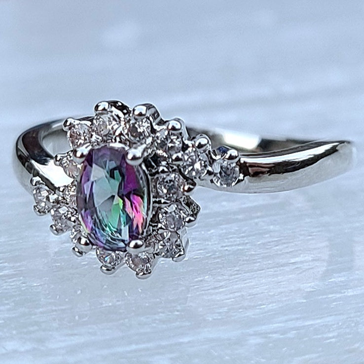 Oval Mystic Topaz with Swirly Sapphires Sterling Silver Plated Ladies Ring- Sizes 6, 7, 8, 9