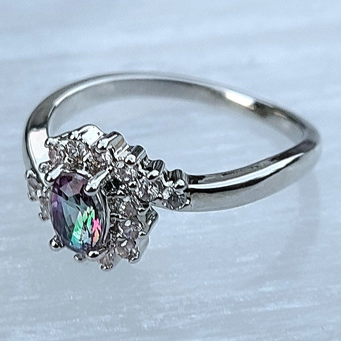 Oval Mystic Topaz with Swirly Sapphires Sterling Silver Plated Ladies Ring- Sizes 6, 7, 8, 9