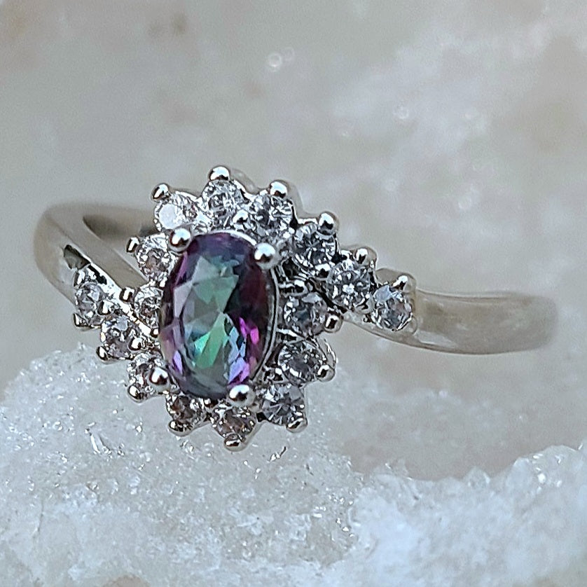 Oval Mystic Topaz with Swirly Sapphires Sterling Silver Plated Ladies Ring- Sizes 6, 7, 8, 9