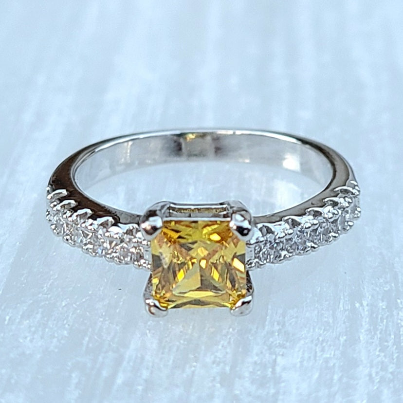 Yellow Square Sapphire Sterling Silver Plated Ladies Ring- Sizes 6.75, 7, 8, 9.5