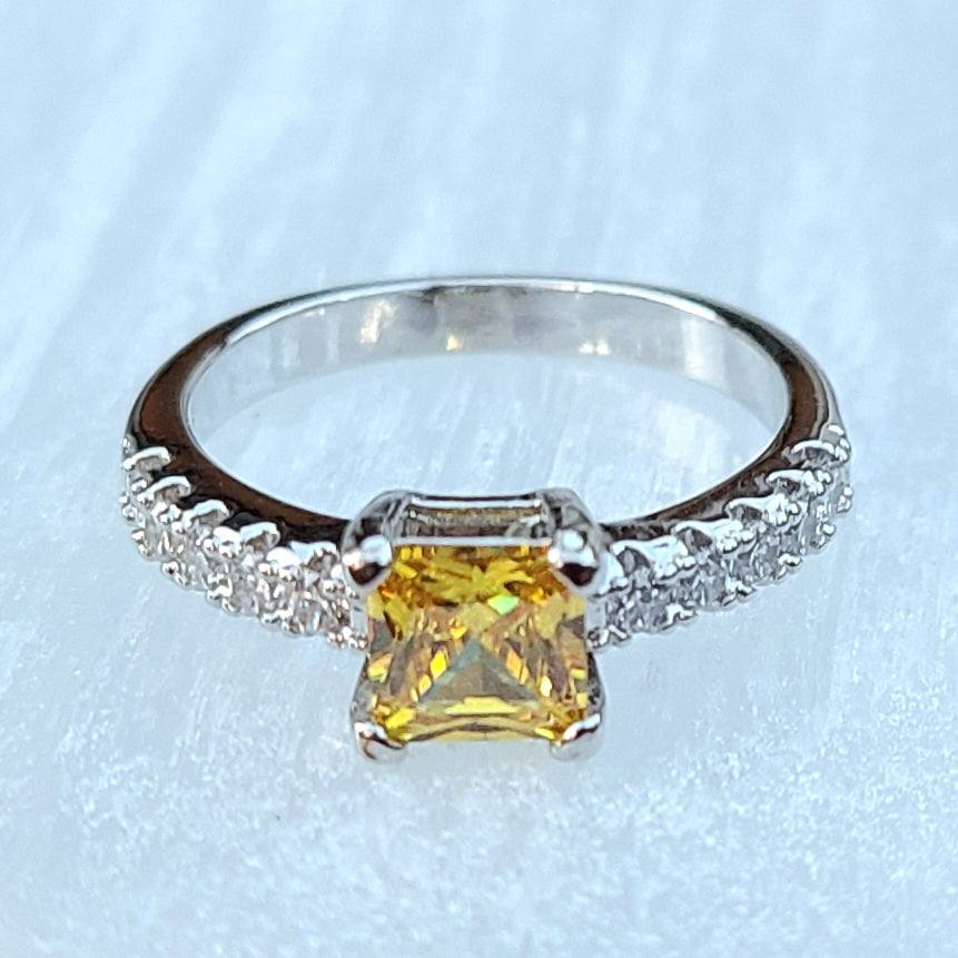 Yellow Square Sapphire Sterling Silver Plated Ladies Ring- Sizes 6.75, 7, 8, 9.5