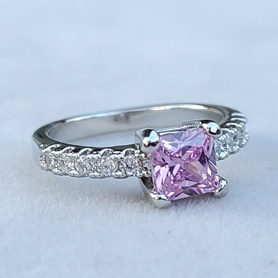 Pink Square Sapphire Sterling Silver Plated Ladies Ring- Sizes 6, 6.75, 7.75, 8.75