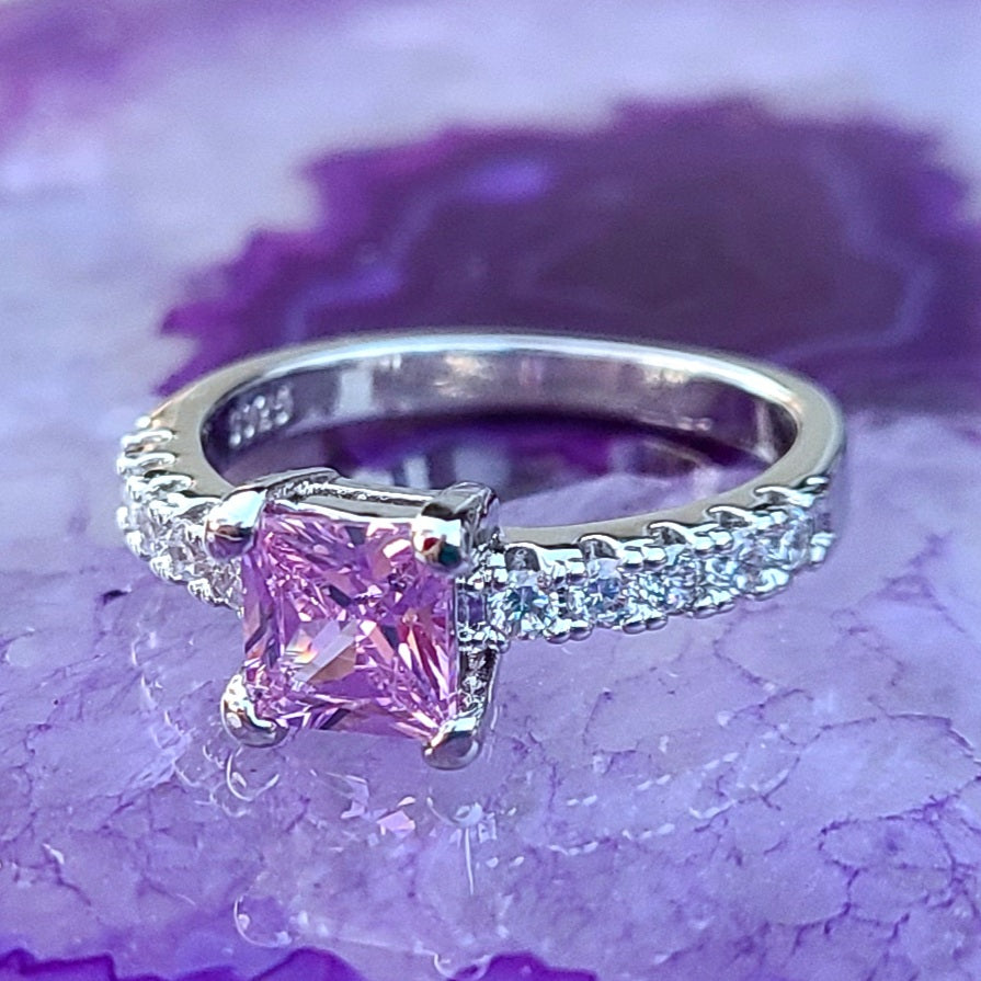 Pink Square Sapphire Sterling Silver Plated Ladies Ring- Sizes 6, 6.75, 7.75, 8.75
