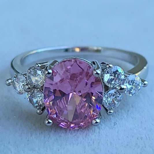 Pink Oval Sapphire Sterling Silver Plated Ladies Ring- Sizes 7, 8, 9