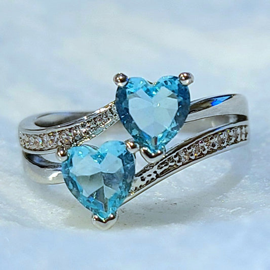 Double Light Blue Sapphire Heart Silver Ladies Ring- Size 7