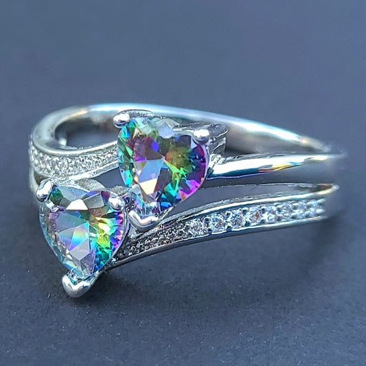 Double Mystic Topaz Heart Silver Ladies Ring- Sizes 6, 7, 8, 9