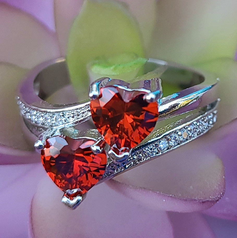 Double Ruby Red Sapphire Heart Silver Ladies Ring- Sizes 8, 10