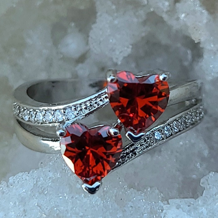 Double Ruby Red Sapphire Heart Silver Ladies Ring- Sizes 8, 10