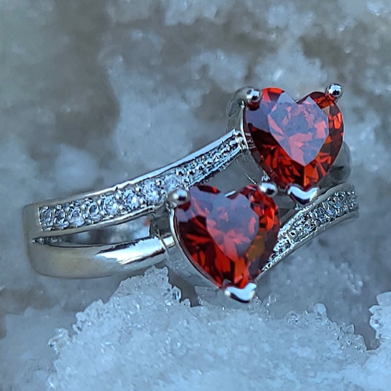 Double Ruby Red Sapphire Heart Silver Ladies Ring- Sizes 8, 10