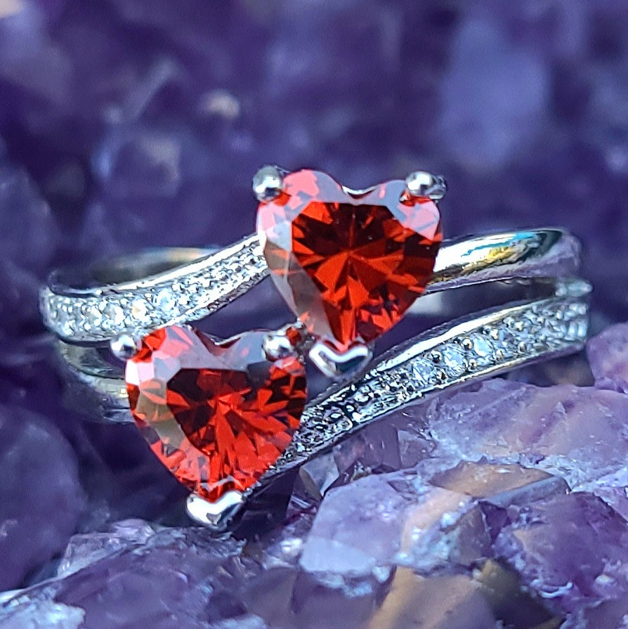 Double Ruby Red Sapphire Heart Silver Ladies Ring- Sizes 8, 10