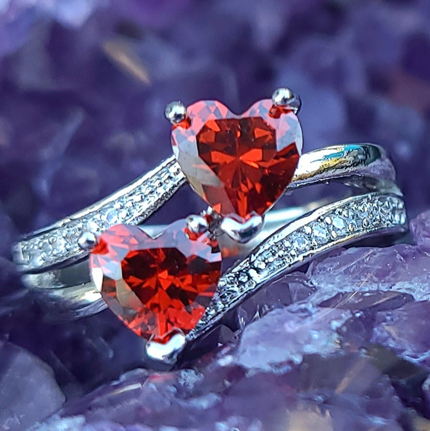 Double Ruby Red Sapphire Heart Silver Ladies Ring- Sizes 8, 10