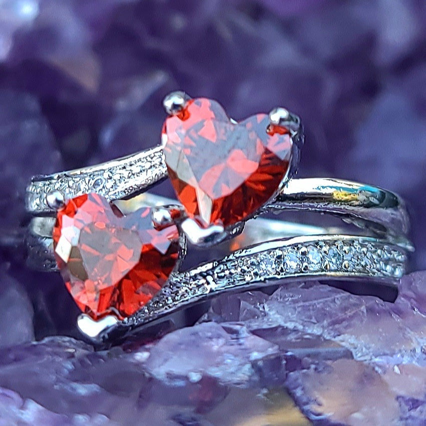 Double Ruby Red Sapphire Heart Silver Ladies Ring- Sizes 8, 10