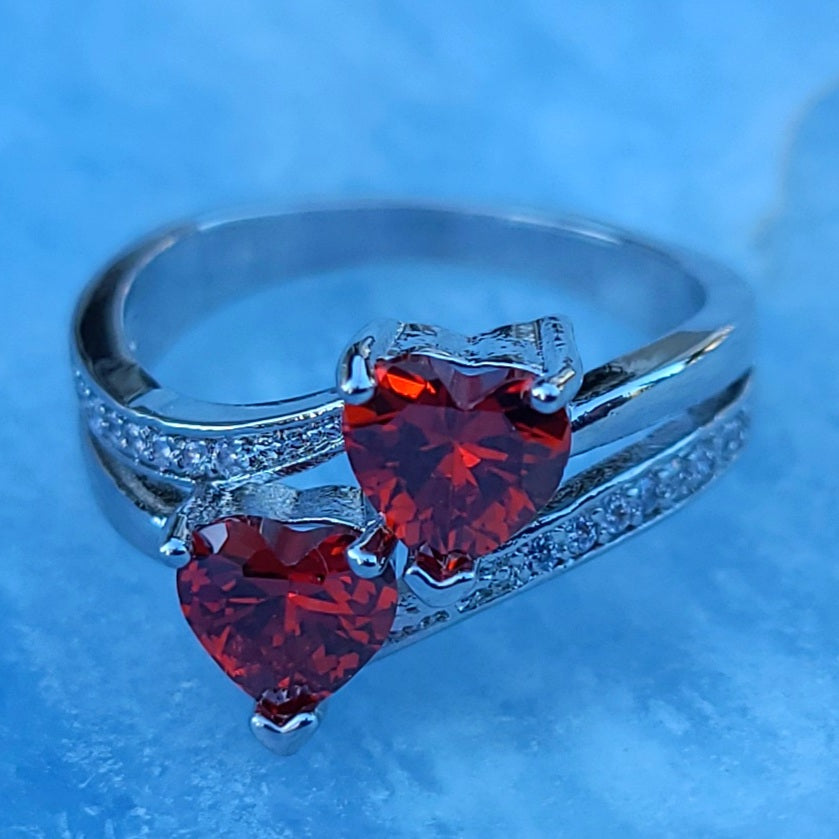 Double Ruby Red Sapphire Heart Silver Ladies Ring- Sizes 8, 10