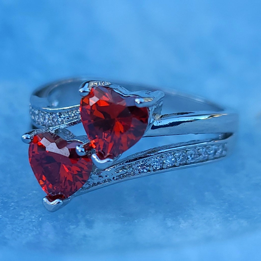 Double Ruby Red Sapphire Heart Silver Ladies Ring- Sizes 8, 10