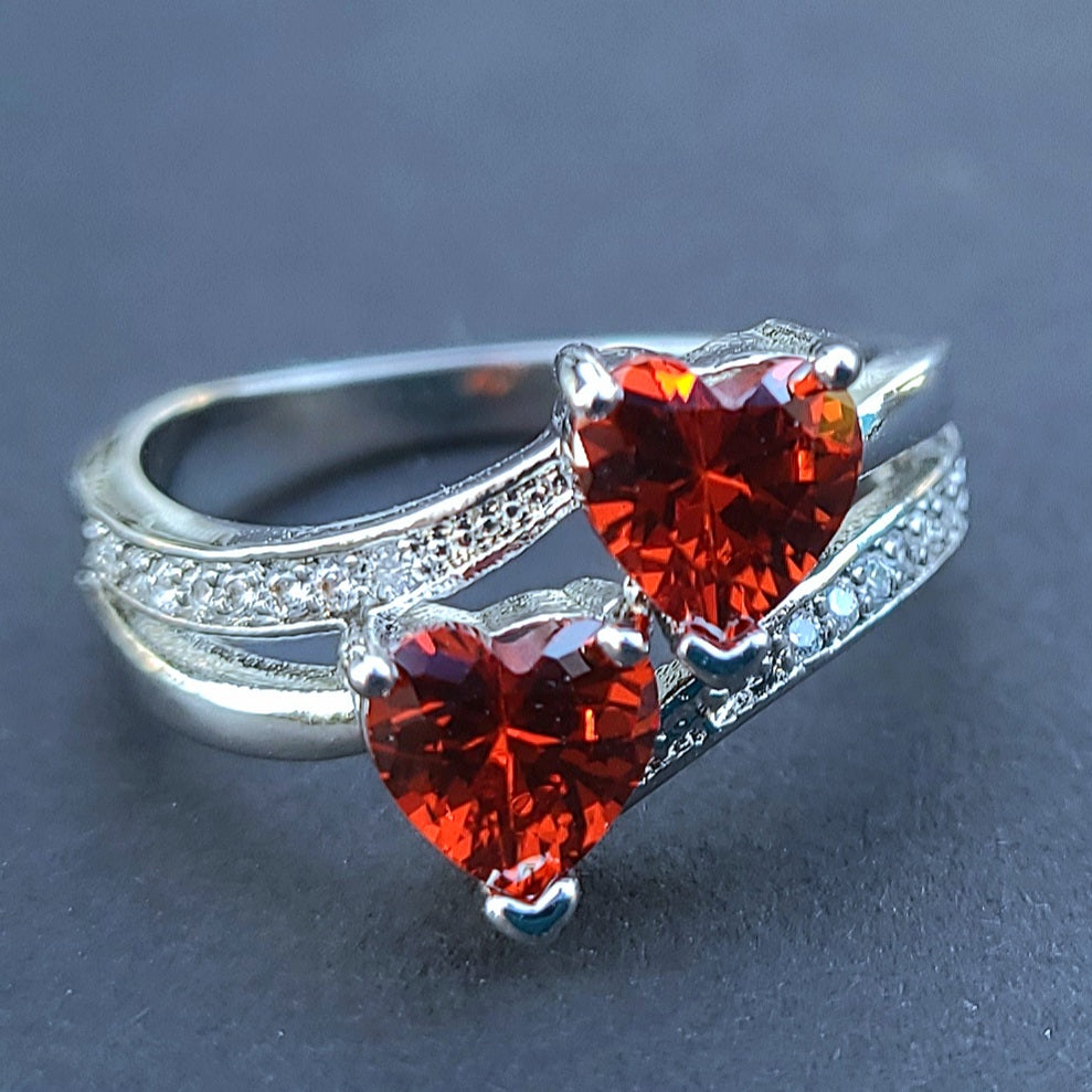 Double Ruby Red Sapphire Heart Silver Ladies Ring- Sizes 8, 10