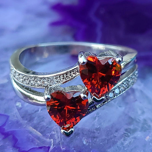 Double Ruby Red Sapphire Heart Silver Ladies Ring- Sizes 8, 10