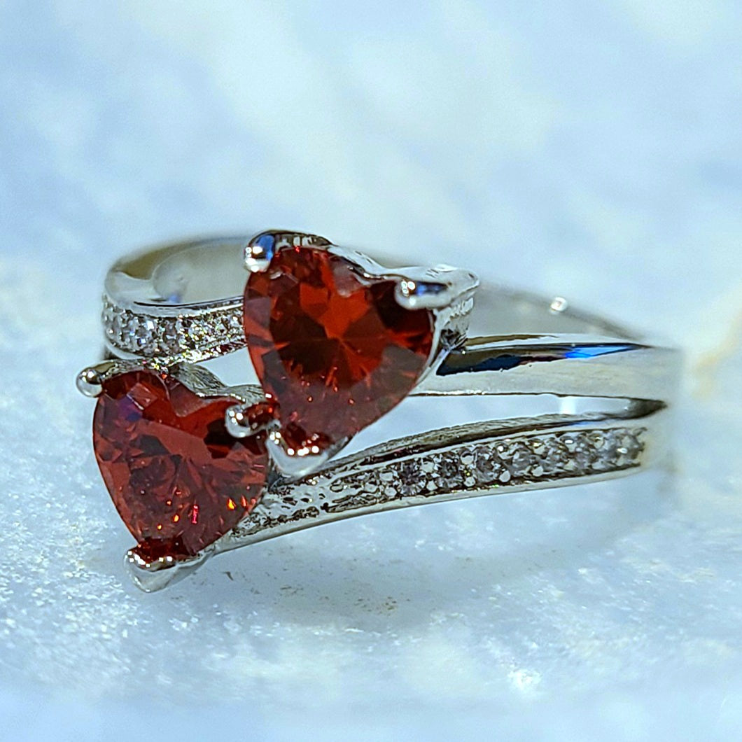 Double Ruby Red Sapphire Heart Silver Ladies Ring- Sizes 8, 10