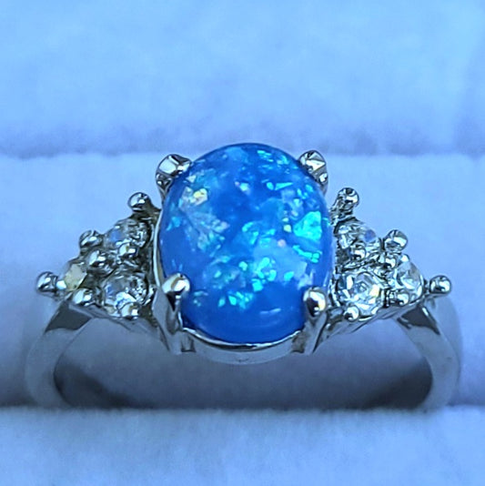 Blue Opal Oval Sapphire Sterling Silver Plated Ladies Ring- Sizes 5.75, 6, 8, 8.75