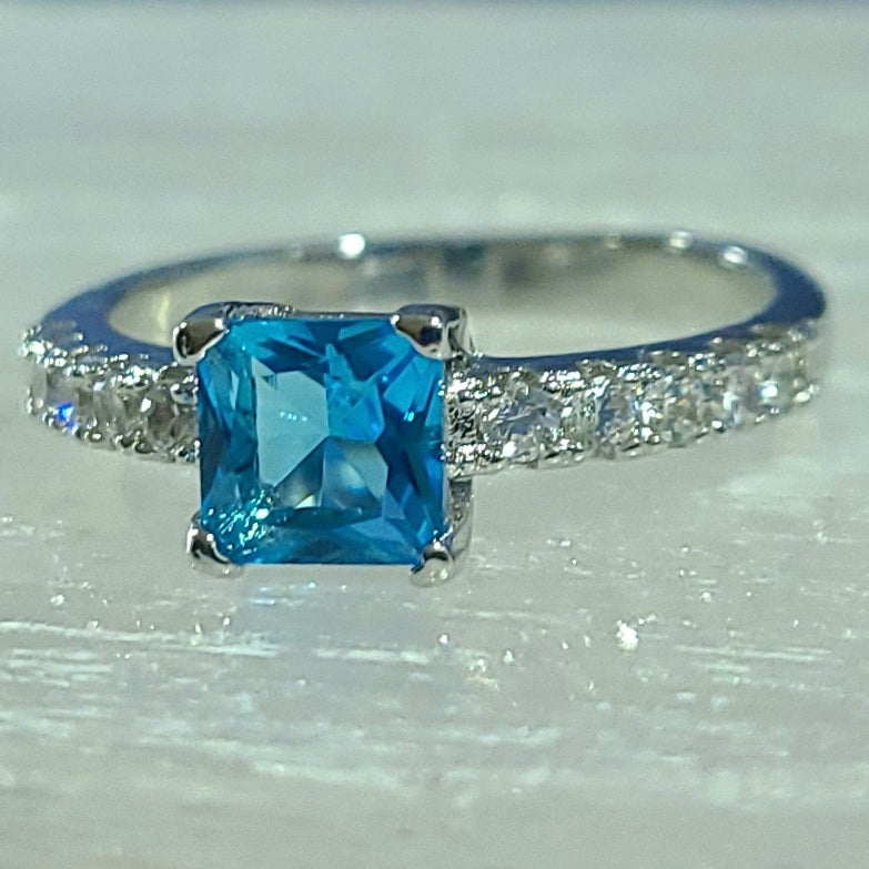 Bright Blue Square Sapphire Sterling Silver Plated Ladies Ring- Sizes 6, 7, 9