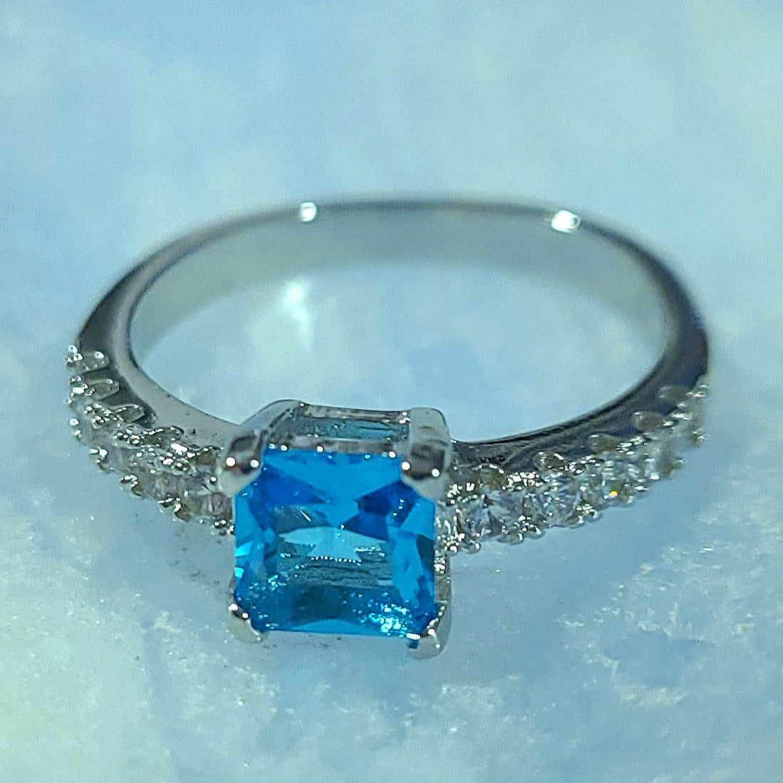 Bright Blue Square Sapphire Sterling Silver Plated Ladies Ring- Sizes 6, 7, 9