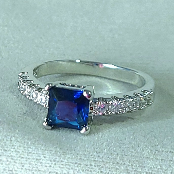 Dark Blue Square Sapphire Sterling Silver Plated Ladies Ring- Sizes 6, 7, 8, 9