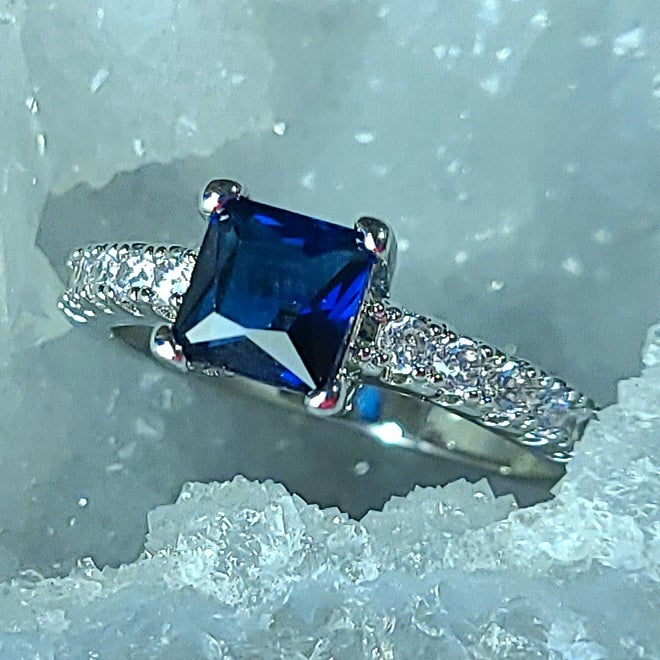 Dark Blue Square Sapphire Sterling Silver Plated Ladies Ring- Sizes 6, 7, 8, 9