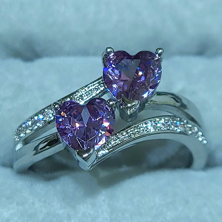 Double Amethyst Heart Silver Ladies Ring- Size 7