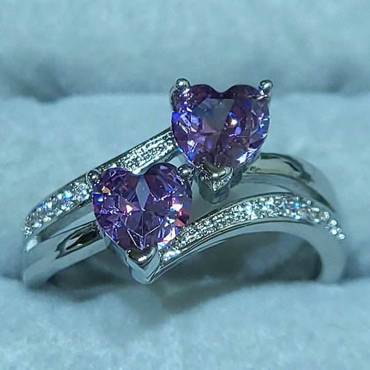 Double Amethyst Heart Silver Ladies Ring- Size 7