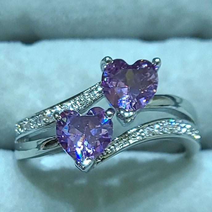 Double Amethyst Heart Silver Ladies Ring- Size 7