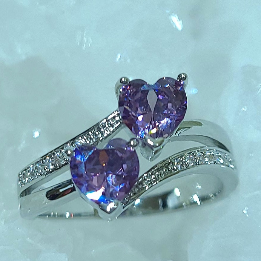 Double Amethyst Heart Silver Ladies Ring- Size 7